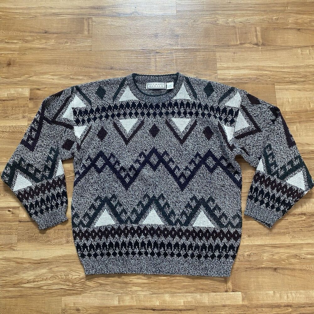 VTG 90s Michael Gerald Men's XL Geometric Grandpa Cosby Dad Classic Knit Sweater